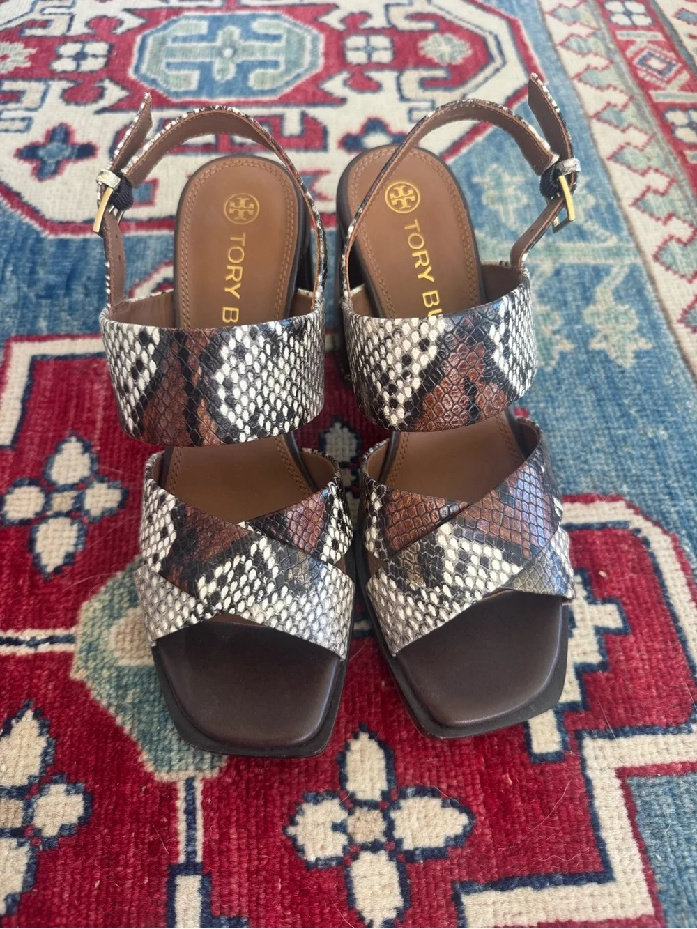 Tory Burch Snake-Print Leather Slingback Sandals — Brown/White/Black